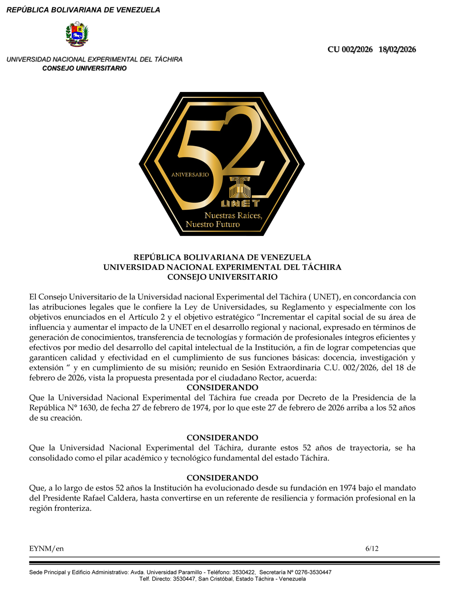 Aniversario 52 UNET 2026 Acuerdo3